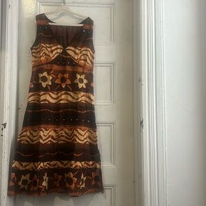 NWT Chaudry KC Brown/Orange Floral Brown Midi Dress, Size S